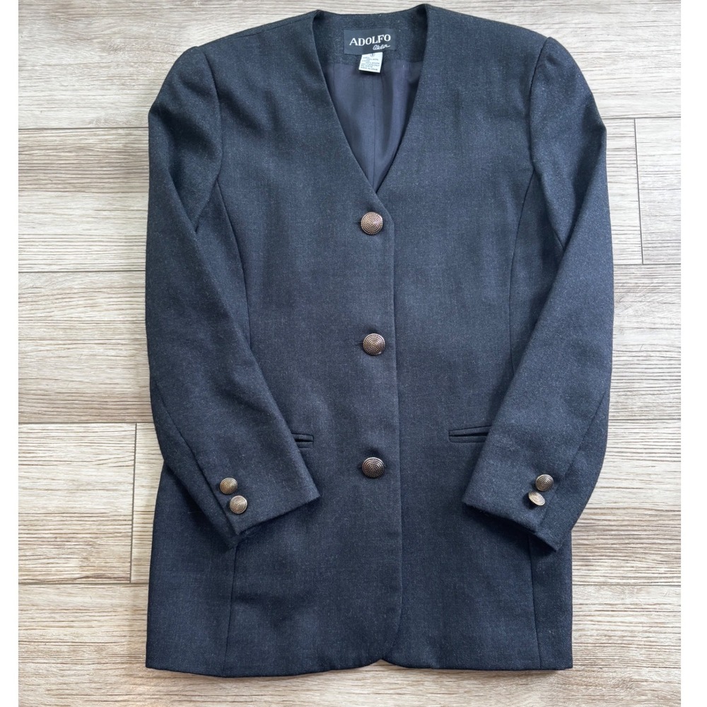 Adolfo Atelier Vintage 100% Wool Blazer Charcoal Grey Collarless Jacket Size 8